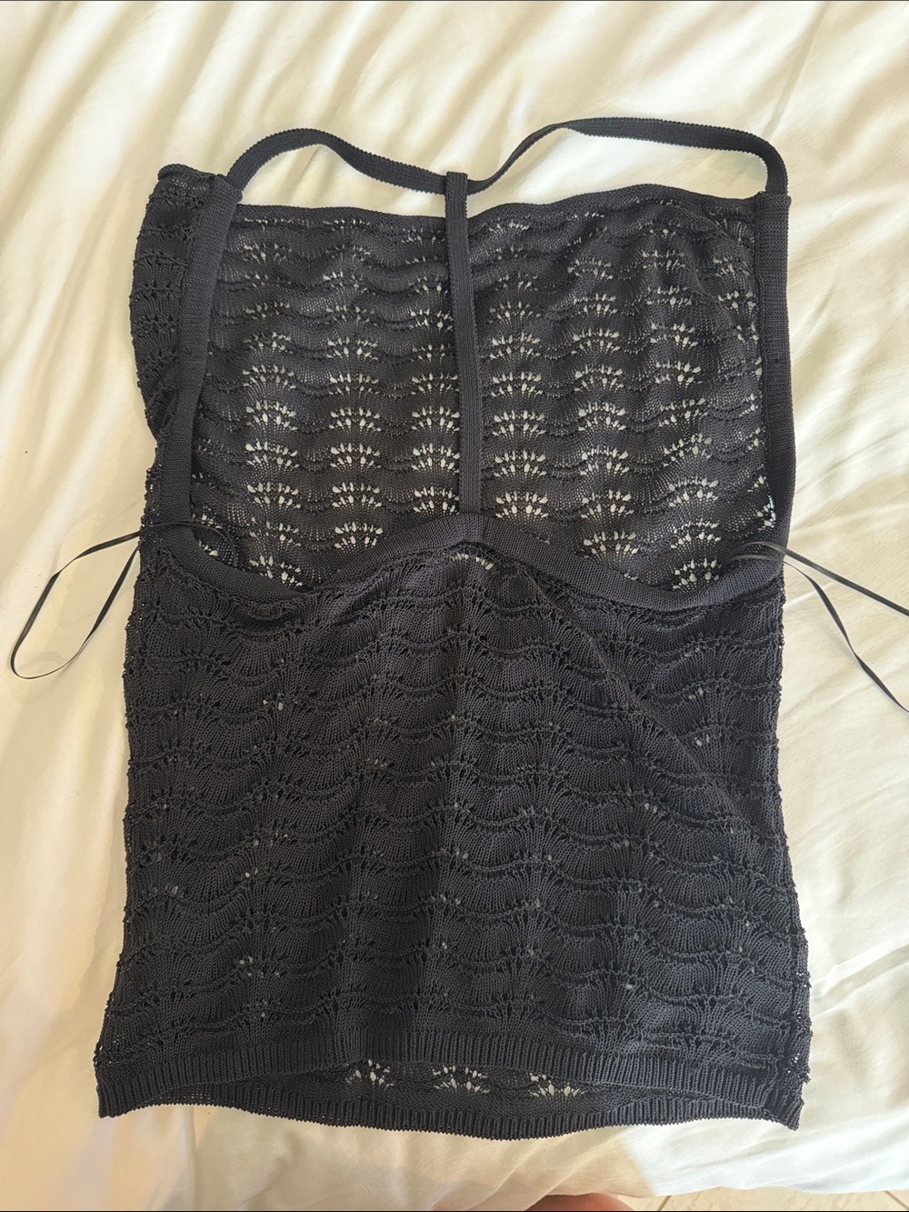 Guess crochet-look black t-back, drape front top. IndieSleeze, dark academia
